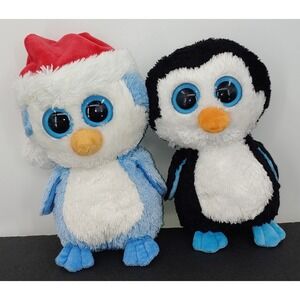 Lot Of 2 Ty Beanie Boo Waddles Penguin Fairbanks Blue Penguin 9" Plush Solid Eye